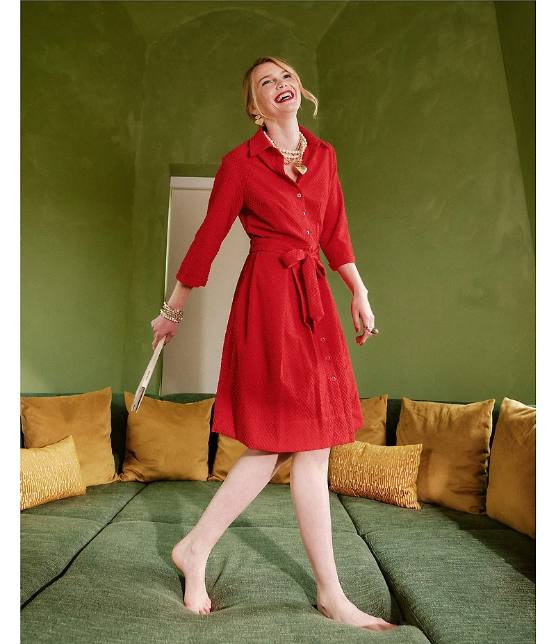 FRANCES VALENTINE Bellini Waffleweave Point Collar 3/4 Sleeve Button Front Tie Waist Dress