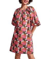 FRANCES VALENTINE Bliss Cotton Poplin Fireflower Print Scoop Neck 3/4 Sleeve Dress
