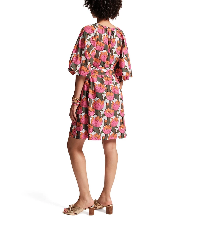 FRANCES VALENTINE Bliss Cotton Poplin Fireflower Print Scoop Neck 3/4 Sleeve Dress
