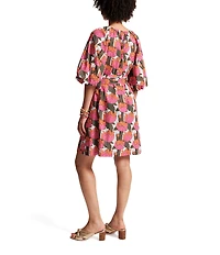 FRANCES VALENTINE Bliss Cotton Poplin Fireflower Print Scoop Neck 3/4 Sleeve Dress