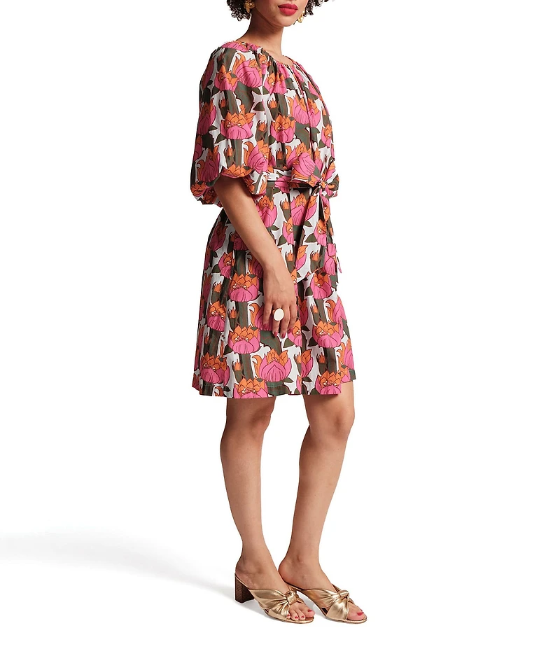 FRANCES VALENTINE Bliss Cotton Poplin Fireflower Print Scoop Neck 3/4 Sleeve Dress