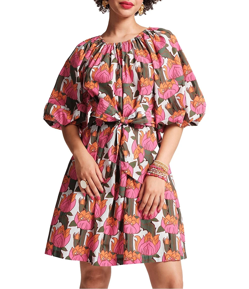 FRANCES VALENTINE Bliss Cotton Poplin Fireflower Print Scoop Neck 3/4 Sleeve Dress