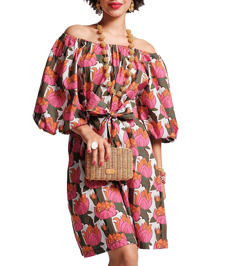 FRANCES VALENTINE Bliss Cotton Poplin Fireflower Print Scoop Neck 3/4 Sleeve Dress