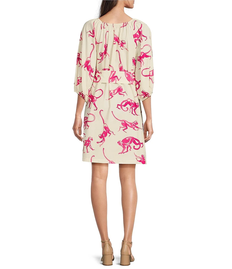 FRANCES VALENTINE Bliss Cotton Poplin Monkey Print Scoop Neck 3/4 Puff Sleeve Dress