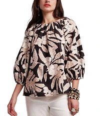 FRANCES VALENTINE Bliss Sketchy Jungle Print Elastic Crew Neck 3/4 Sleeve Top
