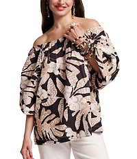 FRANCES VALENTINE Bliss Sketchy Jungle Print Elastic Crew Neck 3/4 Sleeve Top