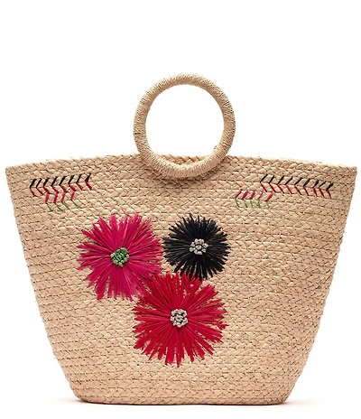 FRANCES VALENTINE Botanica Embroidered Raffia Basket Tote Bag