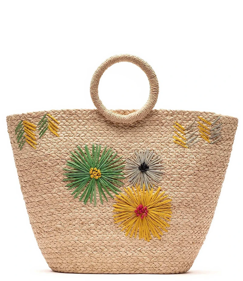 FRANCES VALENTINE Botanica Embroidered Raffia Basket Tote Bag