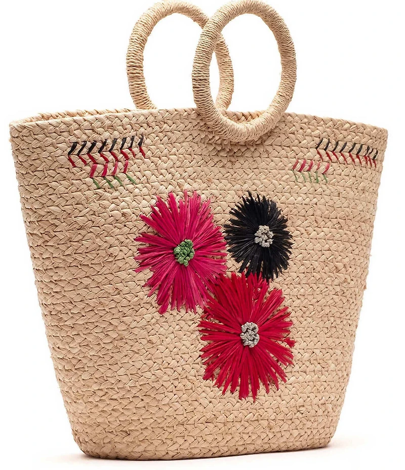 FRANCES VALENTINE Botanica Embroidered Raffia Basket Tote Bag