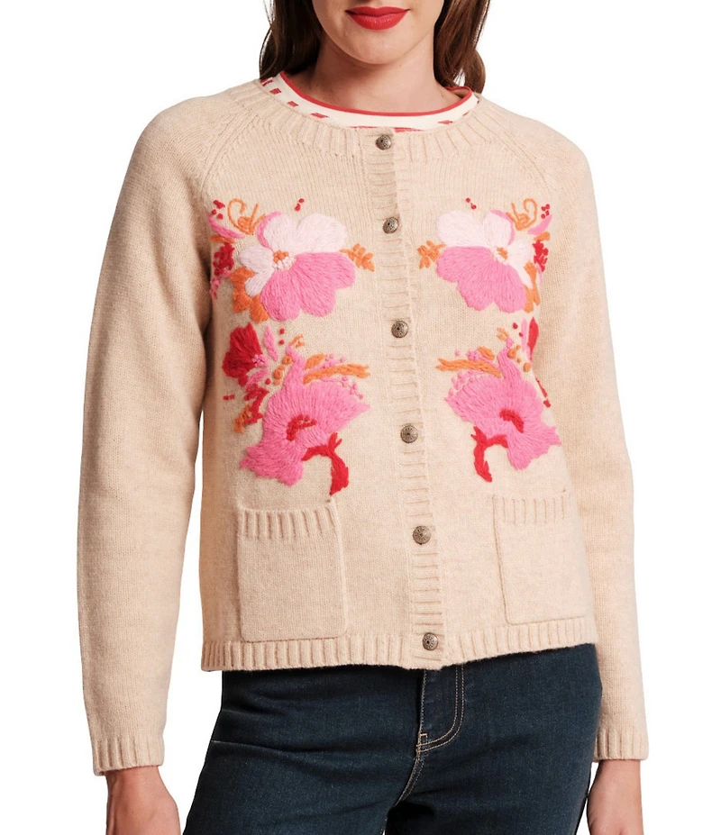 FRANCES VALENTINE Bouquet Wild Tulip Wool Knit Blend Crew Neck Long Sleeve Patch Pocket Cardigan