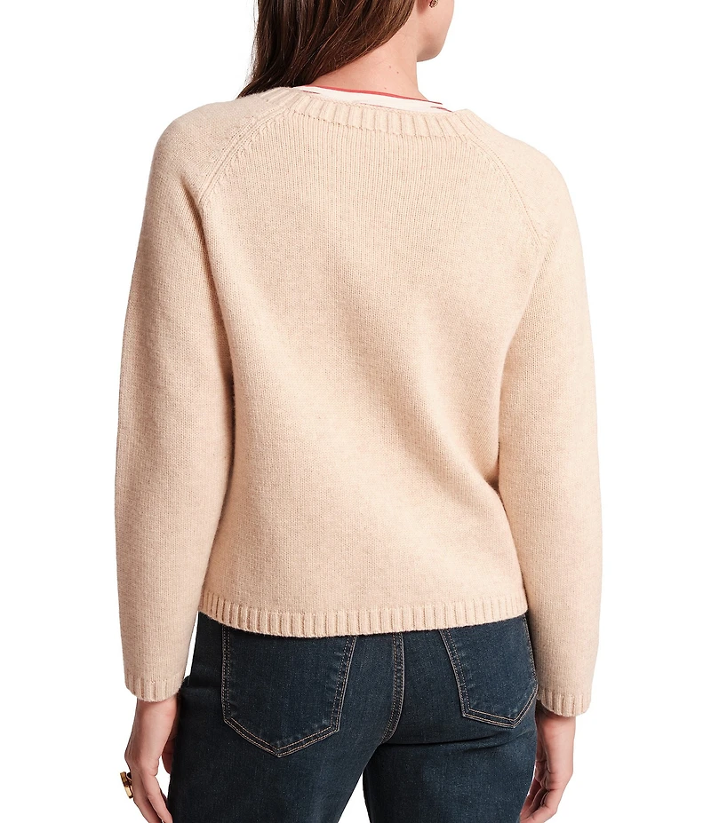 FRANCES VALENTINE Bouquet Wild Tulip Wool Knit Blend Crew Neck Long Sleeve Patch Pocket Cardigan