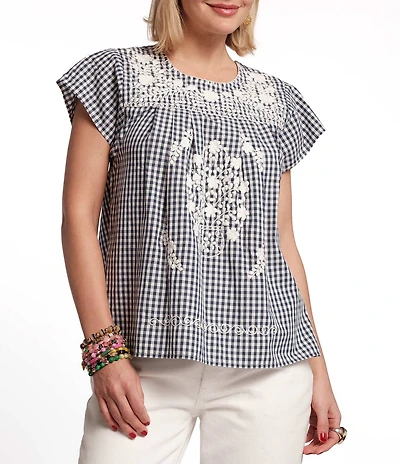 FRANCES VALENTINE Camila Gingham Floral Embroidered Crew Neck Short Sleeve Top