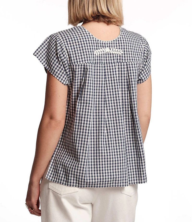 FRANCES VALENTINE Camila Gingham Floral Embroidered Crew Neck Short Sleeve Top