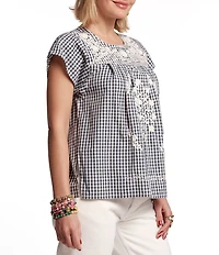 FRANCES VALENTINE Camila Gingham Floral Embroidered Crew Neck Short Sleeve Top