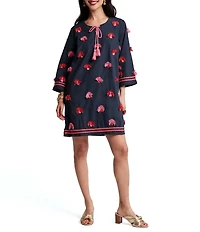 FRANCES VALENTINE Capri Poplin Tassel Peacock Split Round Neck Bracelet Sleeve Dress