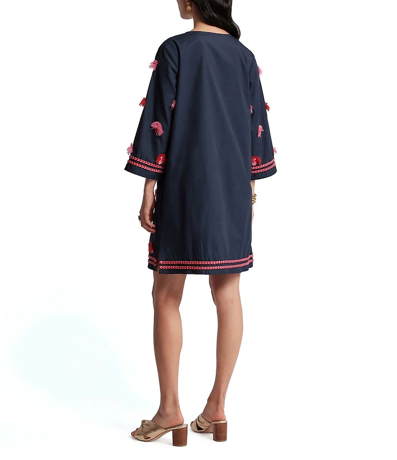 FRANCES VALENTINE Capri Poplin Tassel Peacock Split Round Neck Bracelet Sleeve Dress