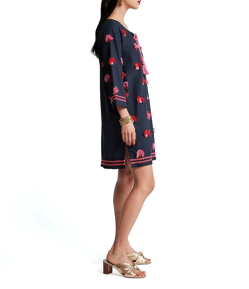 FRANCES VALENTINE Capri Poplin Tassel Peacock Split Round Neck Bracelet Sleeve Dress