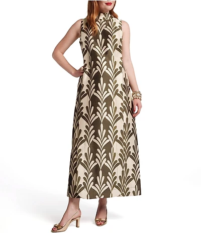 FRANCES VALENTINE Carlyle Palm Print Dupion Mock Neck Sleeveless Maxi Dress