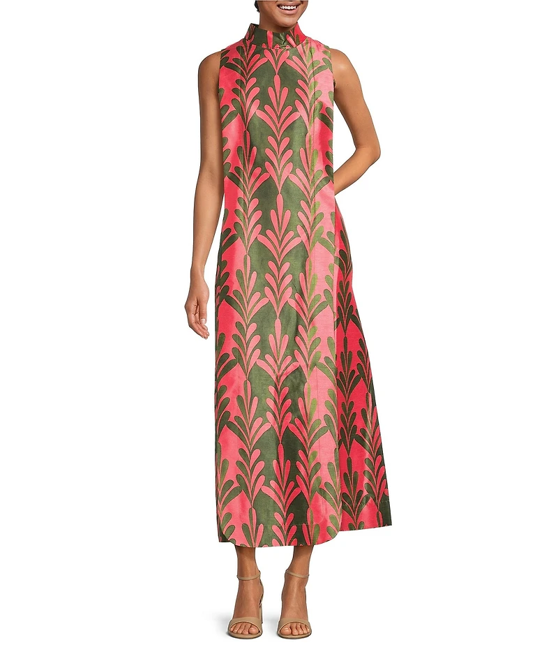 FRANCES VALENTINE Carlyle Palm Print Dupion Mock Neck Sleeveless Maxi Dress