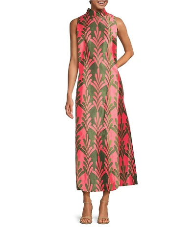 FRANCES VALENTINE Carlyle Palm Print Dupion Mock Neck Sleeveless Maxi Dress