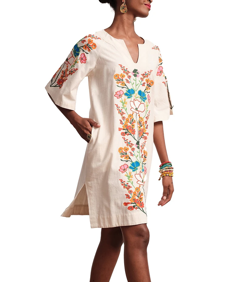 FRANCES VALENTINE Charming Botanical Embroidery V-Neck Elbow Sleeve Caftan