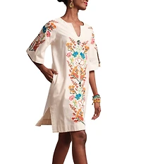FRANCES VALENTINE Charming Botanical Embroidery V-Neck Elbow Sleeve Caftan