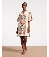 FRANCES VALENTINE Charming Botanical Embroidery V-Neck Elbow Sleeve Caftan