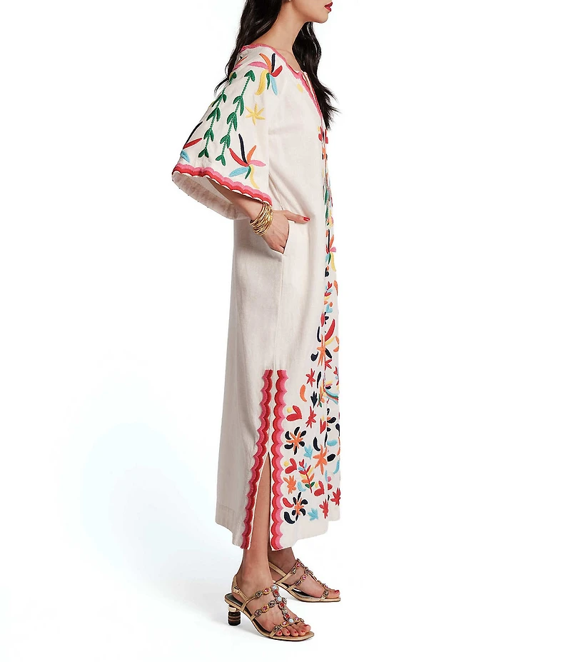 FRANCES VALENTINE Charming Floral Embroidered Split V-Neck Elbow Sleeve Midi Caftan Dress