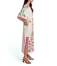 FRANCES VALENTINE Charming Floral Embroidered Split V-Neck Elbow Sleeve Midi Caftan Dress