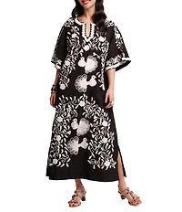 FRANCES VALENTINE Charming Peacock Embroidery Split V-Neck 3/4 Sleeve Caftan Maxi Dress