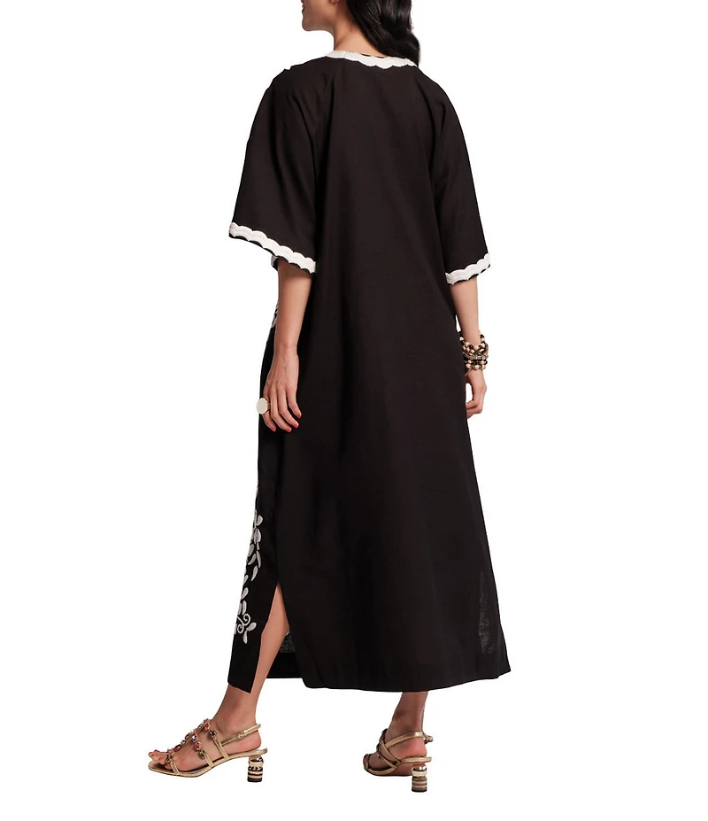 FRANCES VALENTINE Charming Peacock Embroidery Split V-Neck 3/4 Sleeve Caftan Maxi Dress