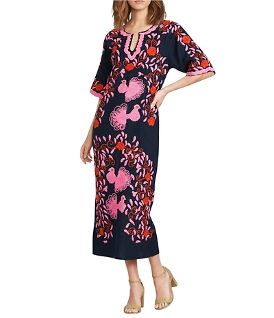 FRANCES VALENTINE Charming Peacock Embroidery Split V-Neck 3/4 Sleeve Caftan Maxi Dress