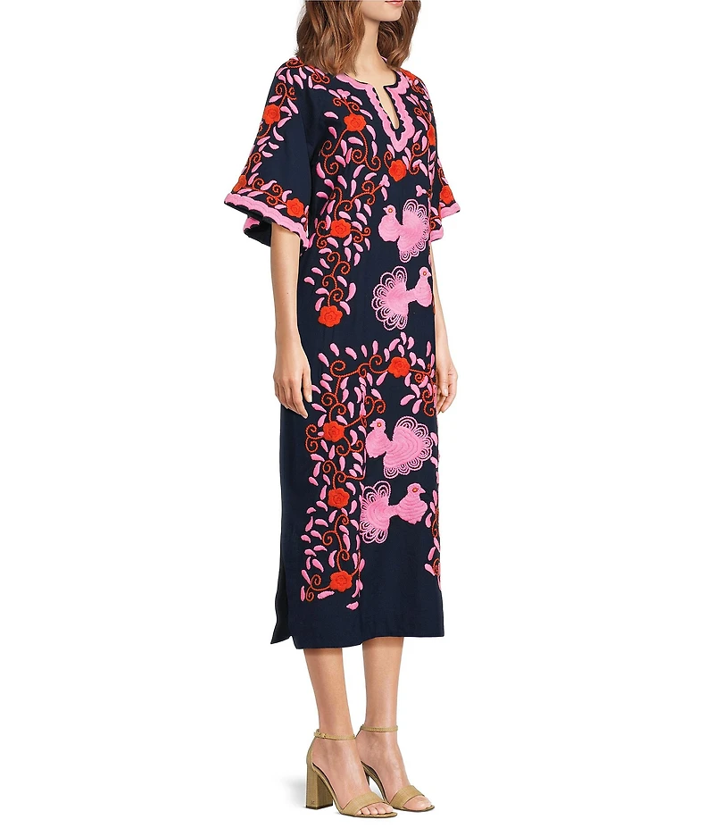 FRANCES VALENTINE Charming Peacock Embroidery Split V-Neck 3/4 Sleeve Caftan Maxi Dress