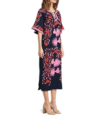 FRANCES VALENTINE Charming Peacock Embroidery Split V-Neck 3/4 Sleeve Caftan Maxi Dress