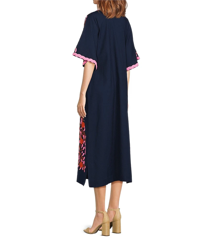 FRANCES VALENTINE Charming Peacock Embroidery Split V-Neck 3/4 Sleeve Caftan Maxi Dress