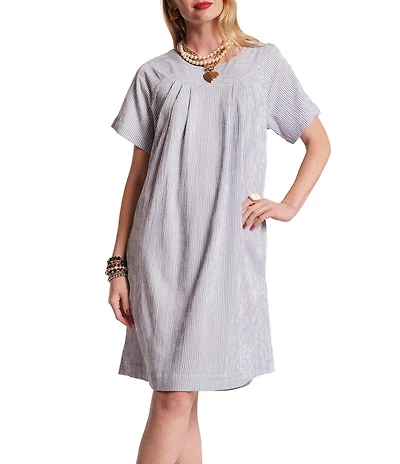 FRANCES VALENTINE Cotton-Blend Seersucker Stripe Wide Yoke Scoop Neck Short Sleeve Shift Easy Dress