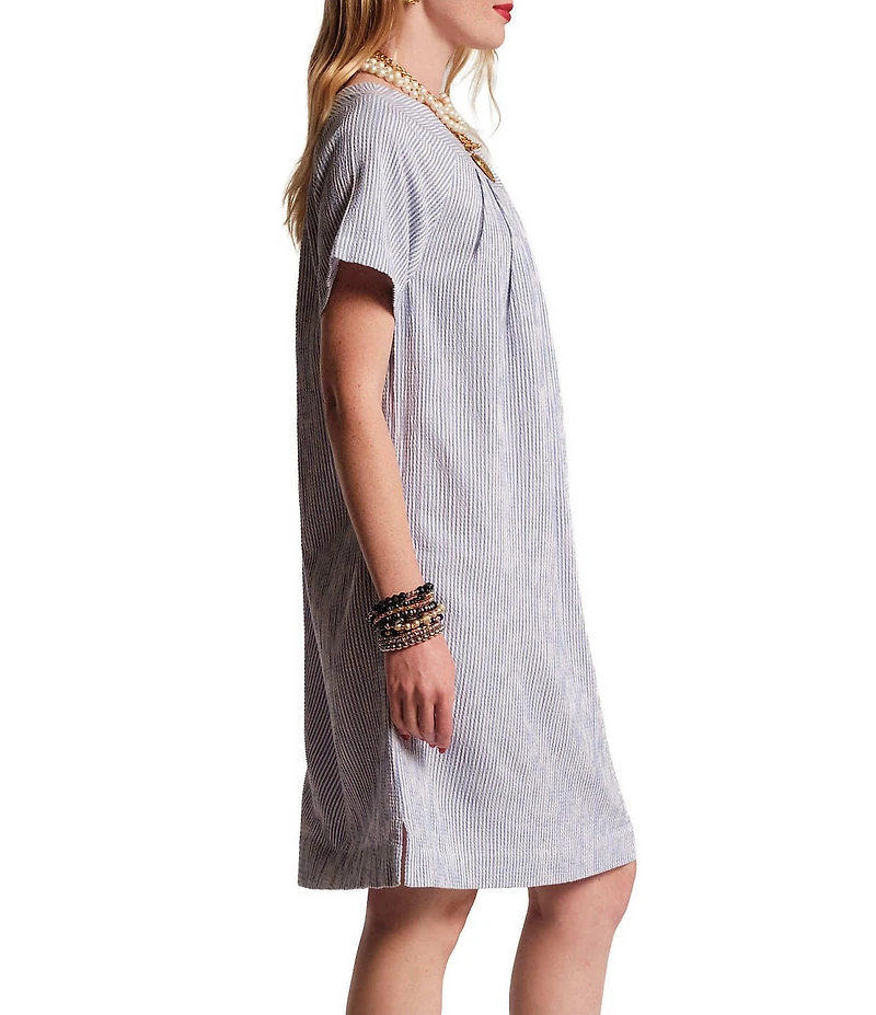 FRANCES VALENTINE Cotton-Blend Seersucker Stripe Wide Yoke Scoop Neck Short Sleeve Shift Easy Dress