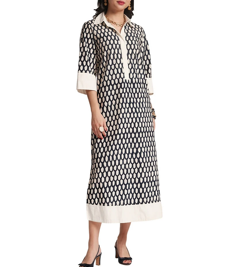 FRANCES VALENTINE Cotton Poplin Loop Print Point Collar 3/4 Sleeve Midi Dress