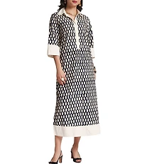 FRANCES VALENTINE Cotton Poplin Loop Print Point Collar 3/4 Sleeve Midi Dress