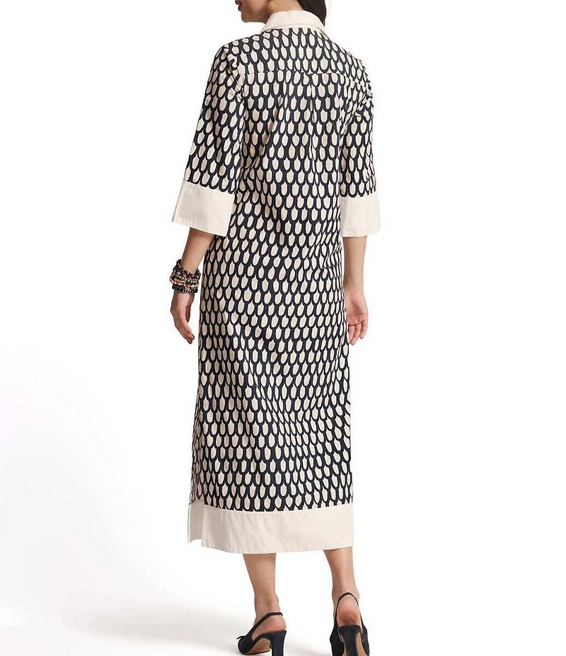 FRANCES VALENTINE Cotton Poplin Loop Print Point Collar 3/4 Sleeve Midi Dress