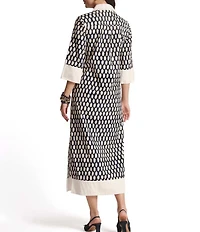 FRANCES VALENTINE Cotton Poplin Loop Print Point Collar 3/4 Sleeve Midi Dress