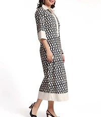 FRANCES VALENTINE Cotton Poplin Loop Print Point Collar 3/4 Sleeve Midi Dress