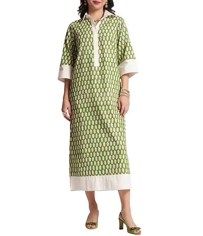 FRANCES VALENTINE Cotton Poplin Loop Print Point Collar 3/4 Sleeve Midi Dress