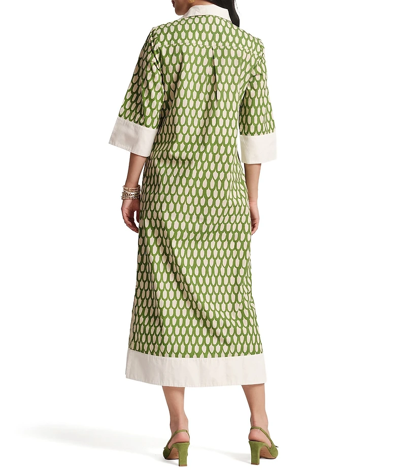 FRANCES VALENTINE Cotton Poplin Loop Print Point Collar 3/4 Sleeve Midi Dress