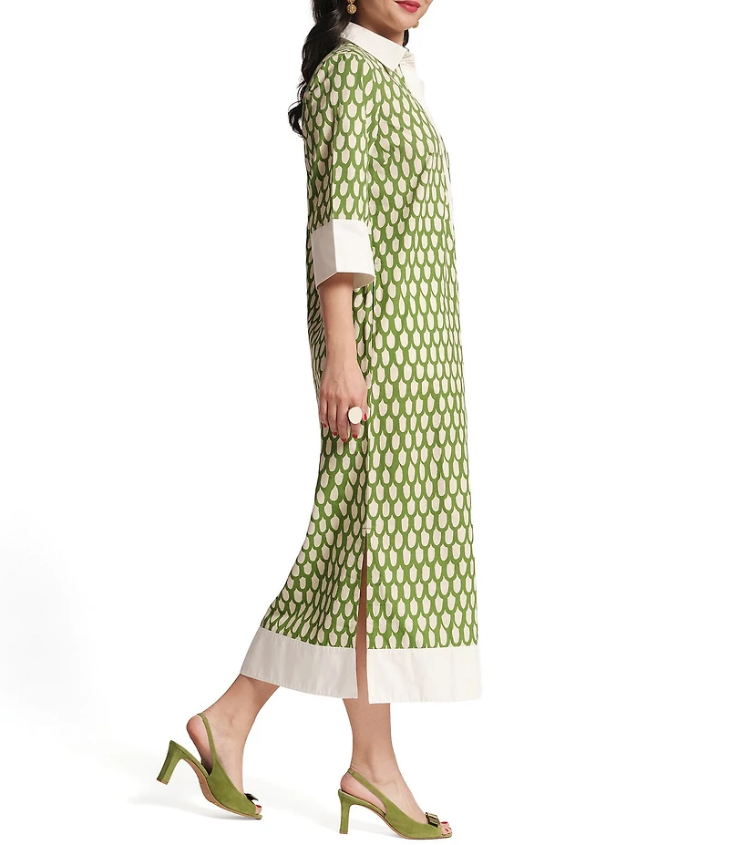 FRANCES VALENTINE Cotton Poplin Loop Print Point Collar 3/4 Sleeve Midi Dress