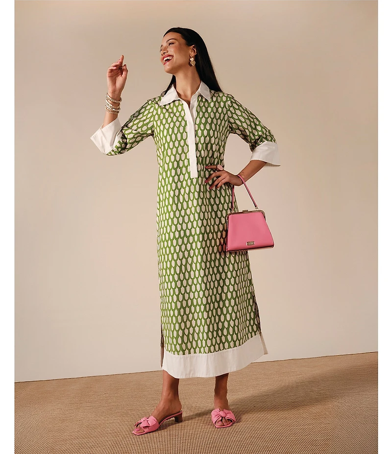 FRANCES VALENTINE Cotton Poplin Loop Print Point Collar 3/4 Sleeve Midi Dress