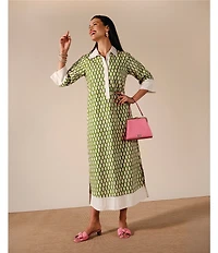FRANCES VALENTINE Cotton Poplin Loop Print Point Collar 3/4 Sleeve Midi Dress