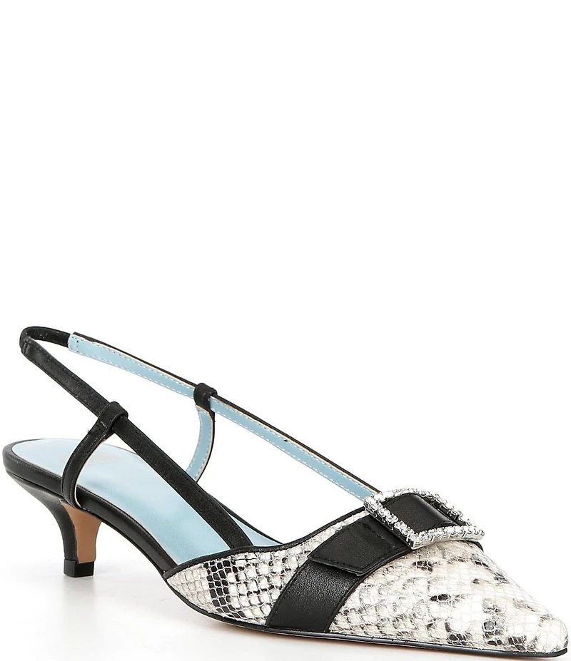 FRANCES VALENTINE Cutie Snake Embossed Leather Buckle Ornament Kitten Heel Slingback Pumps