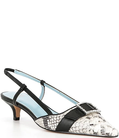FRANCES VALENTINE Cutie Snake Embossed Leather Buckle Ornament Kitten Heel Slingback Pumps