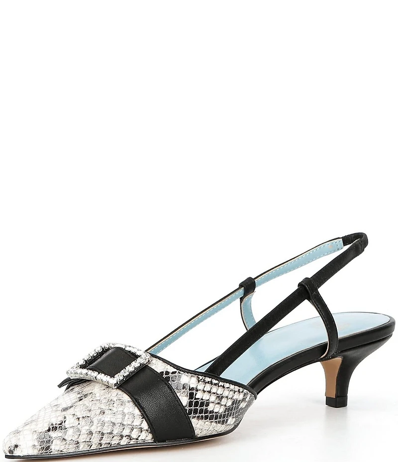 FRANCES VALENTINE Cutie Snake Embossed Leather Buckle Ornament Kitten Heel Slingback Pumps